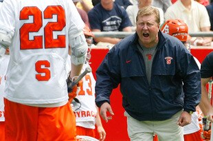 FOXBOROUGH, MA - MAY 23:  Coach John Desko of the Syracuse University Orange yells instructions to Dan Hardy #22 against the Duke University Blue Devils during the semifinal round of NCAA Division I Lacrosse Championship at Gillette Stadium May 23, 2009 in Foxborough, Massachusetts.  (Jim Rogash/Getty Images for Reebok)