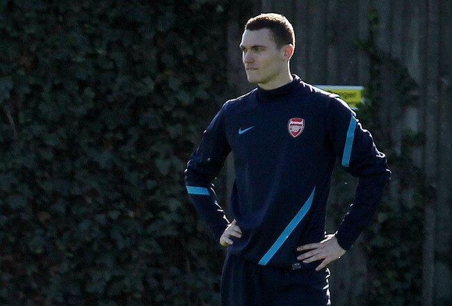 ST ALBANS, ENGLAND - OCTOBER 18 :   Thomas Vermaelen of Afrsenal FC looks on during a training session ahead of their UEFA Champions League Group F match against Olympique de Marseille at London Colney on October 18, 2011 in St Albans, England.  (Photo by Jan Kruger/Getty Images)