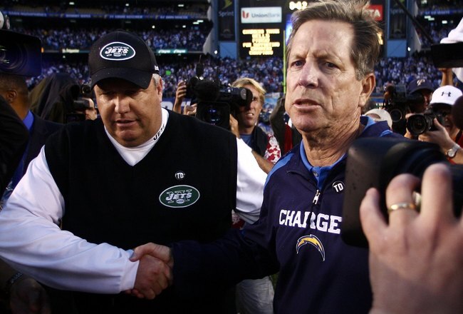 SAN DIEGO - JANUARY 17:  (R-L) Head coach Norv Turner of the San Diego Chargers shakes hands with head coach Rex Ryan of the New York Jets following the AFC Divisional Playoff Game at Qualcomm Stadium on January 17, 2010 in San Diego, California. The Jets defeated the Chargers 17-14. (Photo by Donald Miralle/Getty Images)