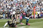 CHARLOTTE, NC - OCTOBER 9: Steve Smith #89 of the Carolina Panthers catches a 54-yard touchdown pass in the first quarter against Jabari Greer #33 of the New Orleans Saints at Bank of America Stadium on October 9, 2011 in Charlotte, North Carolina. (Photo by Joe Robbins/Getty Images)