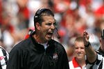 COLUMBUS, OH - SEPTEMBER 3:  Head Coach Luke Fickell of the Ohio State Buckeyes reacts after his team intercepted a pass during the second quarter against the Akron Zips on September 3, 2011 at Ohio Stadium in Columbus, Ohio. (Photo by Kirk Irwin/Getty Images)