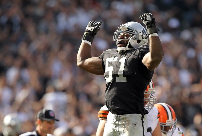 OAKLAND, CA - OCTOBER 16:  Aaron Curry #51 of the Oakland Raiders celebrates after the Raiders recovered a fumble by the Cleveland Browns at O.co Coliseum on October 16, 2011 in Oakland, California.  (Photo by Ezra Shaw/Getty Images)