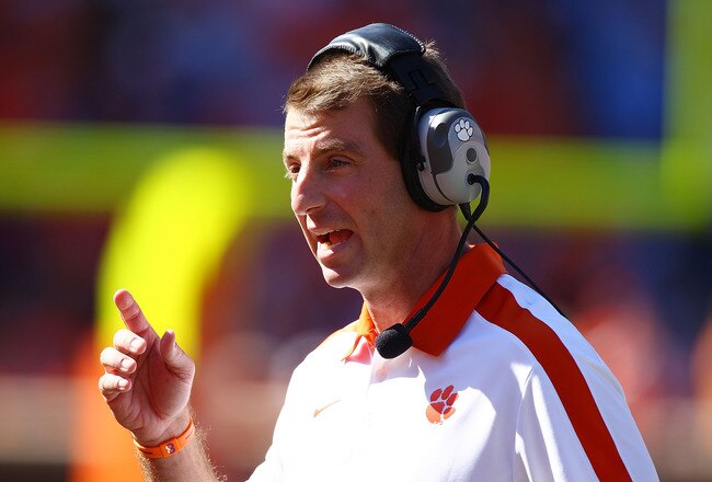 CLEMSON, SC - OCTOBER 22:  Clemson Tigers head coach Dabo Swinney waits on the sideline during the second half against the North Carolina Tar Heels during their game at Memorial Stadium on October 22, 2011 in Clemson, South Carolina.  (Photo by Scott Halleran/Getty Images)
