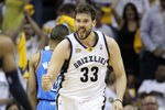 MEMPHIS, TN - MAY 09:  Marc Gasol #33 of the Memphis Grizzlies celebrates during the game against the Oklahoma City Thunder in Game Four of the Western Conference Semifinals in the 2011 NBA Playoffs at FedExForum on May 9, 2011 in Memphis, Tennessee. NOTE TO USER: User expressly acknowledges and agrees that, by downloading and/or using this Photograph, User is consenting to the terms and conditions of the Getty Images License Agreement.  (Photo by Andy Lyons/Getty Images)