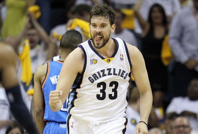 MEMPHIS, TN - MAY 09:  Marc Gasol #33 of the Memphis Grizzlies celebrates during the game against the Oklahoma City Thunder in Game Four of the Western Conference Semifinals in the 2011 NBA Playoffs at FedExForum on May 9, 2011 in Memphis, Tennessee. NOTE TO USER: User expressly acknowledges and agrees that, by downloading and/or using this Photograph, User is consenting to the terms and conditions of the Getty Images License Agreement.  (Photo by Andy Lyons/Getty Images)