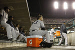 DETROIT, MI - OCTOBER 04: Nick Swisher #33 of the New York Yankees watches the action from the dugout during Game Four of the American League Divison Series against the Detroit Tigers at Comerica Park on October 4, 2011 in Detroit, Michigan.  The Yankees defeated the Tigers 10-1.  (Photo by Leon Halip/Getty Images)