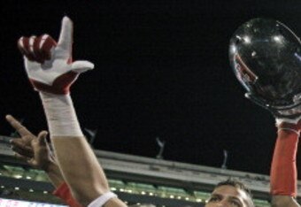 NORMAN, OK - OCTOBER 22: Texas Tech players celebrate after the game against the Oklahoma Sooners October 22, 2011 at Gaylord Family-Oklahoma Memorial Stadium in Norman, Oklahoma. Texas Tech upset Oklahoma 41-38. (Photo by Brett Deering/Getty Images)