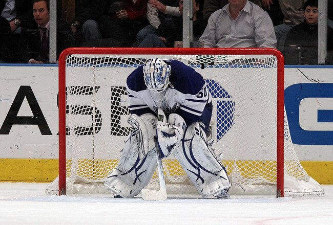 NEW YORK, NY - JANUARY 19: Jonas Gustavsson #50 of the Toronto Maple Leafs takes a break during his 7-0 loss to the New York Rangers at Madison Square Garden on January 19, 2011 in New York City. (Photo by Bruce Bennett/Getty Images)