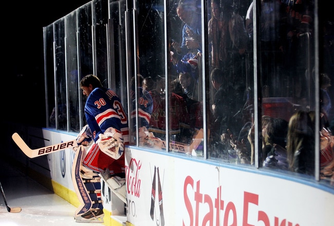 NEW YORK, NY - OCTOBER 27:  Henrik Lundqvist #30 of the New York Rangers against the Toronto Maple Leaves at Madison Square Garden on October 27, 2011 in New York City.  (Photo by Nick Laham/Getty Images)