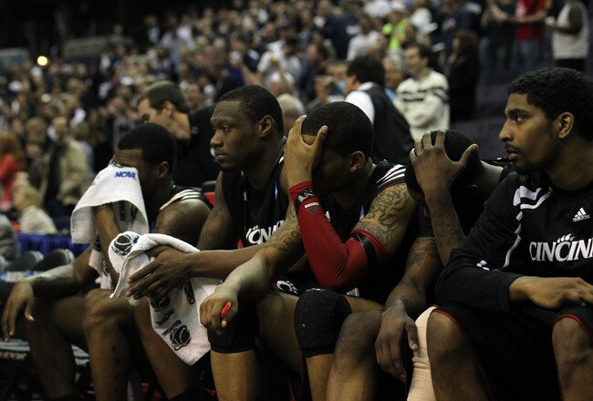 WASHINGTON - MARCH 19:  The Cincinnati Bearcats sit on the bench during their 69-58 loss to the Connecticut Huskies during the third round of the 2011 NCAA men's basketball tournament at Verizon Center on March 19, 2011 in Washington, DC.  (Photo by Nick Laham/Getty Images)