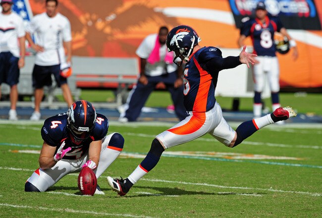 MIAMI GARDENS, FL - OCTOBER 23: Matt Prater #5 of the Denver Broncos kicks the game winning field goal in overtime against the Miami Dolphins at Sun Life Stadium on October 23, 2011 in Miami Gardens, Florida. (Photo by Scott Cunningham/Getty Images)