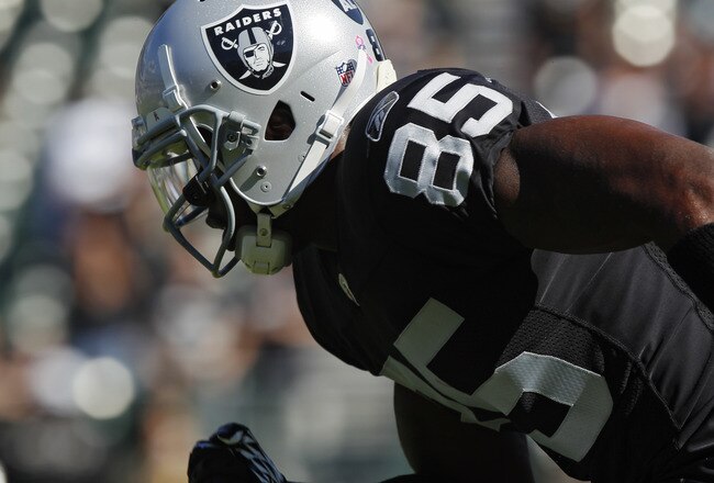 OAKLAND, CA - OCTOBER 23: Wide receiver Darrius Heyward-Bey #85 of the Oakland Raiders warms up before a game against the Kansas City Chiefs on October 23, 2011 at O.co Coliseum in Oakland, California. The Chiefs won 28-0. (Photo by Brian Bahr/Getty Images)