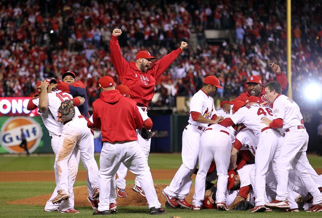 ST LOUIS, MO - OCTOBER 28:  Chris Carpenter #29 of the St. Louis Cardinals celebrates after defeating the Texas Rangers 6-2 to win Game Seven of the MLB World Series at Busch Stadium on October 28, 2011 in St Louis, Missouri.  (Photo by Ezra Shaw/Getty Images)