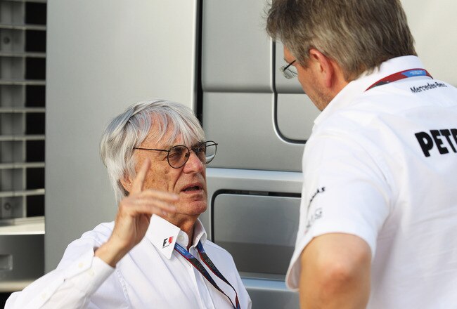 ISTANBUL, TURKEY - MAY 28:  (L-R) F1 supremo Bernie Ecclestone talks with Mercedes GP Team Principal Ross Brawn following practice for the Turkish Formula One Grand Prix at Istanbul Park on May 28, 2010, in Istanbul, Turkey.  (Photo by Mark Thompson/Getty Images)