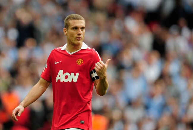 LONDON, ENGLAND - APRIL 16: Nemanja Vidic of Manchester United gestures during the FA Cup sponsored by E.ON semi final match between Manchester City and Manchester United at Wembley Stadium on April 16, 2011 in London, England.  (Photo by Jamie McDonald/Getty Images)