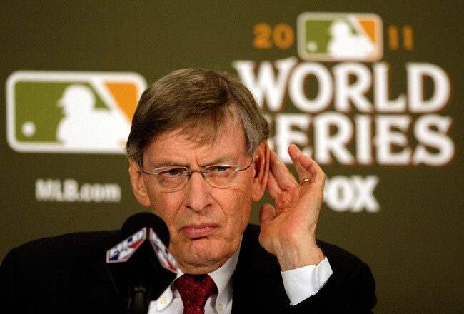 ST LOUIS, MO - OCTOBER 28: MLB commissioner Bud Selig addresses the media prior to Game Seven of the MLB World Series between the Texas Rangers and the St. Louis Cardinals at Busch Stadium on October 28, 2011 in St Louis, Missouri.  (Photo by Jamie Squire/Getty Images)