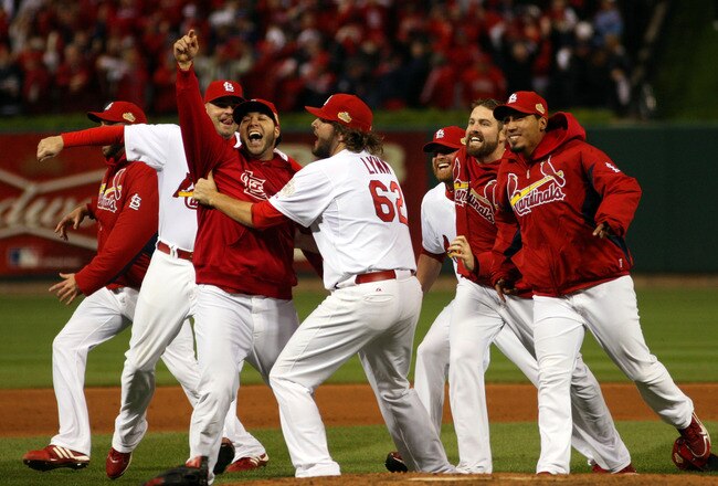 ST LOUIS, MO - OCTOBER 28:  Lance Lynn #62 and the St. Louis Cardinals celebrate after defeating the Texas Rangers 6-2 to win the World Series in Game Seven of the MLB World Series at Busch Stadium on October 28, 2011 in St Louis, Missouri.  (Photo by Michael Heiman/Getty Images)