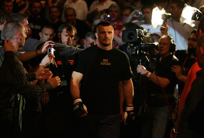 MANCHESTER, UNITED KINGDOM - APRIL 21: A pensive Mirko Cro Cop of Croatia walks to the octagon before fighting Gabriel Gonzaga of USA in a Heavyweight bout of the Ultimate Fighting Championship at the Manchester Evening News Arena on April 21, 2007 in Manchester, England. (Photo by Gary M. Prior/Getty Images)