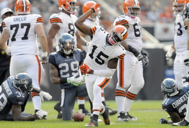 CLEVELAND, OH - OCTOBER 23: Wide reciever Greg Little #15 of the Cleveland Browns celebrates after a first down run during the third quarter against the Seattle Seahawks at Cleveland Browns Stadium on October 23, 2011 in Cleveland, Ohio. The Browns defeated the Seahawks 6-3. (Photo by Jason Miller/Getty Images)