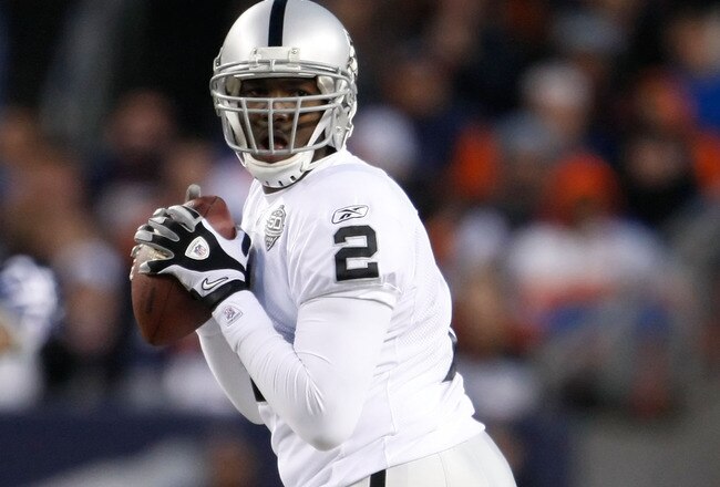 DENVER - DECEMBER 20:  Quarterback JaMarcus Russell #2 of the Oakland Raiders drops back to pass against the Denver Broncos in the fourth quarter at Invesco Field at Mile High on December 20, 2009 in Denver, Colorado. The Raiders defeated the Broncos 20-19.  (Photo by Jeff Gross/Getty Images)