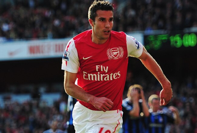 LONDON, ENGLAND - OCTOBER 23:  Robin Van Persie of Arsenal celebrates scoring during the Barclays Premier League match between Arsenal and Stoke City at the Emirates Stadium on October 23, 2011 in London, England.  (Photo by Jamie McDonald/Getty Images)