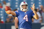 ORCHARD PARK, NY - AUGUST 27:  Tyler Thigpen #4 of the Buffalo Bills warms up prior to play against the Jacksonville Jaguars at Ralph Wilson Stadium on August 27, 2011 in Orchard Park, New York. Buffalo won 35-32 in overtime.  (Photo by Rick Stewart/Getty Images)