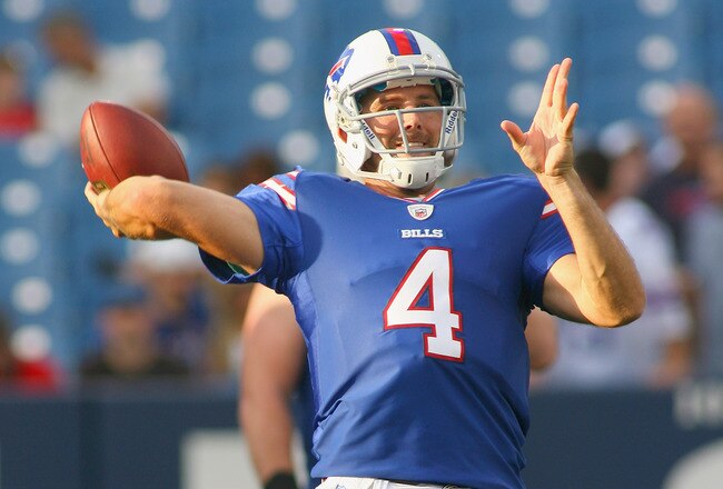 ORCHARD PARK, NY - AUGUST 27:  Tyler Thigpen #4 of the Buffalo Bills warms up prior to play against the Jacksonville Jaguars at Ralph Wilson Stadium on August 27, 2011 in Orchard Park, New York. Buffalo won 35-32 in overtime.  (Photo by Rick Stewart/Getty Images)