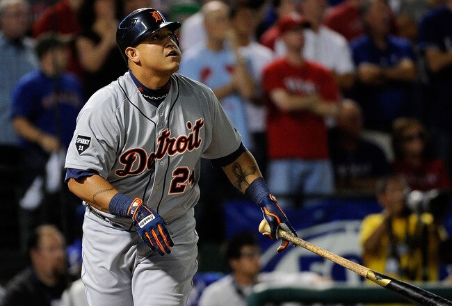 ARLINGTON, TX - OCTOBER 15:  Miguel Cabrera #24 of the Detroit Tigers watches his solo home run in the first inning of Game Six of the American League Championship Series against the Texas Rangers at Rangers Ballpark in Arlington on October 15, 2011 in Arlington, Texas.  (Photo by Kevork Djansezian/Getty Images)