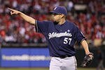 ST LOUIS, MO - OCTOBER 13:  Francisco Rodriguez #57 of the Milwaukee Brewers reacts after he struck out Yadier Molina #4 of the St. Louis Cardinals to end the bottom of the eighth inning during Game 4 of the National League Championship Series at Busch Stadium on October 13, 2011 in St. Louis, Missouri.  (Photo by Christian Petersen/Getty Images)