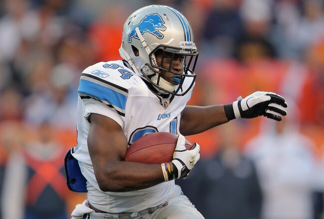 DENVER, CO - OCTOBER 30:  Running back Keiland Williams #34 of the Detroit Lions rushes against the Denver Broncos Sports Authority at Invesco Field at Mile High on October 30, 2011 in Denver, Colorado. The Lions defeated the Broncos 45-10.  (Photo by Doug Pensinger/Getty Images)