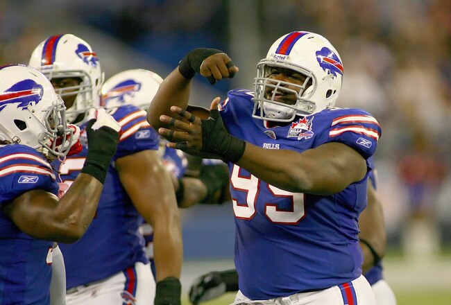 TORONTO, ON - OCTOBER 30: Marcell Dareus #99 of the Buffalo Bills celbrates one of his 2.5 sacks against the Washington Redskins at Rogers Centre on October 30, 2011 in Toronto, Ontario, Canada. Buffalo won 23-0.  (Photo by Rick Stewart/Getty Images)