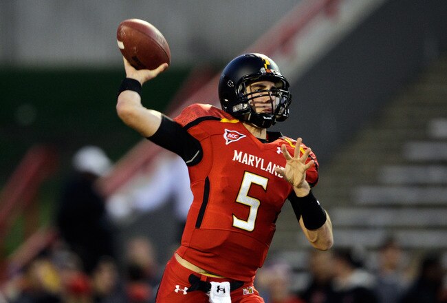 COLLEGE PARK, MD - OCTOBER 15:  Quarterback Danny O'Brien #5 of the Maryland Terrapins warms up before the start of their game against the Clemson Tigers at Byrd Stadium on October 15, 2011 in College Park, Maryland. The Clemson won 56-45.  (Photo by Rob Carr/Getty Images)