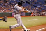 ST PETERSBURG, FL - SEPTEMBER 23:    Designated hitter Edwin Encarnacion #10 of the Toronto Blue Jays fouls off a pitch against the Tampa Bay Rays during the game at Tropicana Field on September 23, 2011 in St. Petersburg, Florida.  (Photo by J. Meric/Getty Images)
