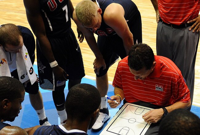 GUADALAJARA, MEXICO - OCTOBER 27:  USA players meet for a time-out during the Men's Basketball Preliminary Round match between the U.S. and Brazil during Day 13 of the XVI Pan American Games at CODE Alcalde on October 27, 2011 in Guadalajara, Mexico.  (Photo by Dennis Grombkowski/Getty Images)