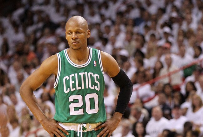 MIAMI, FL - MAY 03:  Ray Allen #20 of the Boston Celtics looks on during Game Two of the Eastern Conference Semifinals of the 2011 NBA Playoffs against the Miami Heat at American Airlines Arena on May 3, 2011 in Miami, Florida. NOTE TO USER: User expressly acknowledges and agrees that, by downloading and/or using this Photograph, User is consenting to the terms and conditions of the Getty Images License Agreement.  (Photo by Mike Ehrmann/Getty Images)