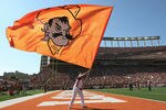 AUSTIN, TX - OCTOBER 15:  An Oklahoma State cheerleader flies the Cowboys' flag after a touchdown against the Texas Longhorns on October 15, 2011 at Darrell K. Royal-Texas Memorial Stadium in Austin, Texas.  Oklahoma State beat Texas 38-26.  (Photo by Erich Schlegel/Getty Images)