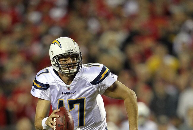 KANSAS CITY, MO - OCTOBER 31:  Quarterback Philip Rivers #17 of the San Diego Chargers scrambles during the game against the Kansas City Chiefs on October 31, 2011 at Arrowhead Stadium in Kansas City, Missouri.  (Photo by Jamie Squire/Getty Images)