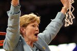 TAMPA, FL - APRIL 08:  Head coach Pat Summitt of the Tennessee Lady Volunteers celebrates cutting down the net after their 64-48 win against the Stanford Cardinal during the National Championsip Game of the 2008 NCAA Women's Final Four at St. Pete Times Forum April 8, 2008 in Tampa, Florida.  (Photo by Al Messerschmidt/Getty Images)