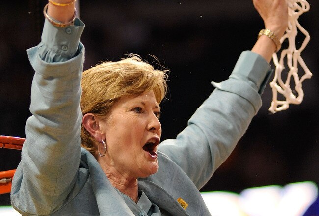 TAMPA, FL - APRIL 08:  Head coach Pat Summitt of the Tennessee Lady Volunteers celebrates cutting down the net after their 64-48 win against the Stanford Cardinal during the National Championsip Game of the 2008 NCAA Women's Final Four at St. Pete Times Forum April 8, 2008 in Tampa, Florida.  (Photo by Al Messerschmidt/Getty Images)