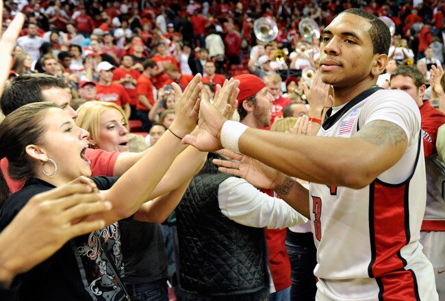 LAS VEGAS - NOVEMBER 20:  Anthony Marshall #3 of the UNLV Rebels celebrates with fans after the Rebels defeated the  Wisconsin Badgers 68-65 at the Thomas & Mack Center November 20, 2010 in Las Vegas, Nevada.  (Photo by Ethan Miller/Getty Images)