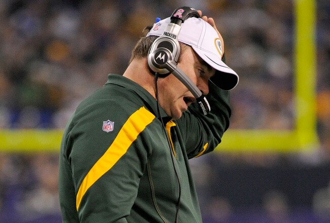 MINNEAPOLIS, MN - OCTOBER 23: Head coach Mike McCarthy of the Green Bay Packers reacts during the second half against the Minnesota Vikings on October 23, 2011 at Hubert H. Humphrey Metrodome in Minneapolis, Minnesota. The Packers defeated the Vikings 33-27. (Photo by Hannah Foslien/Getty Images)