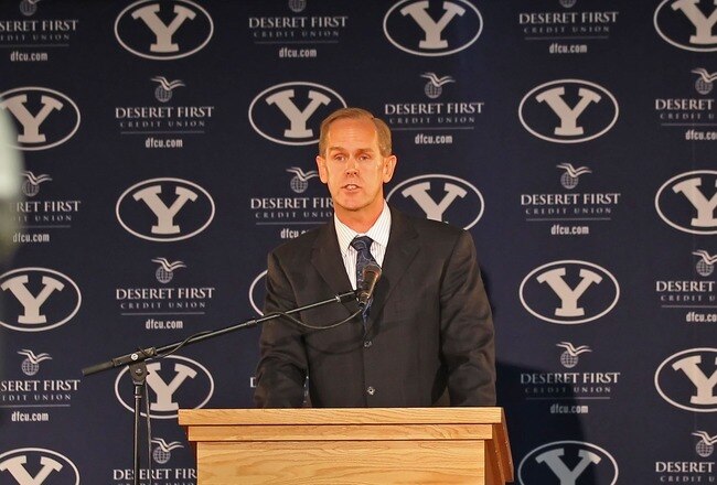 PROVO, UT - SEPTEMBER 1:  BYU  Athletic Director Tom Holmoe announces that BYU football will become independent in football in 2011 separating from the Mountain West Conference, September 1, 2010 in Provo, Utah. The remaining BYU sports will become affiliated with the West Coast Conference in 2011. (Photo by George Frey/Getty Images)