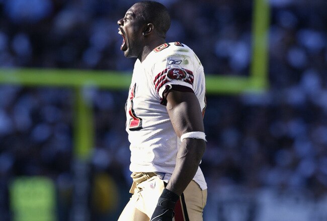 OAKLAND, CA - NOVEMBER 3:  Terrell Owens #81 of the San Francisco 49ers yells against the Oakland Raiders during an NFL game at the Network Associates Colesium on November 3, 2002 in Oakland, California.  (Photo by Jed Jacobsohn/Getty Images)