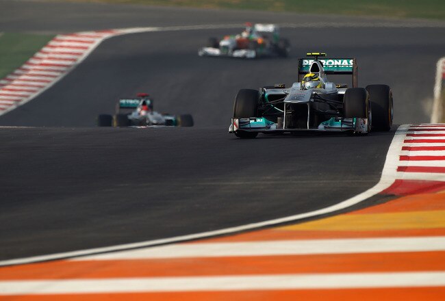 NOIDA, INDIA - OCTOBER 30:  Nico Rosberg of Germany and Mercedes GP drives during the Indian Formula One Grand Prix at the Buddh International Circuit on October 30, 2011 in Noida, India.  (Photo by Clive Mason/Getty Images)