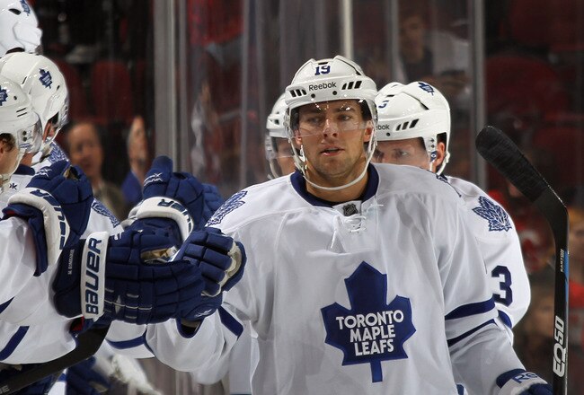 NEWARK, NJ - NOVEMBER 02:  Joffrey Lupul #19 of the Toronto Maple Leafs returns to the bench after scoring his third goal of the game at 13:13 of the second period against the New Jersey Devils at the Prudential Center on November 2, 2011 in Newark, New Jersey.  (Photo by Bruce Bennett/Getty Images)