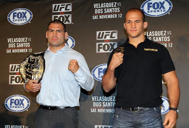 HOLLYWOOD, CA - SEPTEMBER 20:  (L-R) UFC Fighters Cain Velasquez and Junior dos Santos stand for the cameras during the UFC on Fox: Velasquez v Dos Santos - Press Conference at W Hollywood on September 20, 2011 in Hollywood, California.  (Photo by Victor Decolongon/Getty Images)