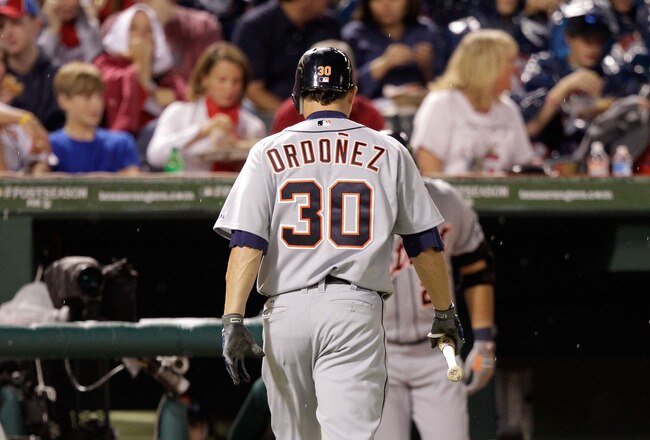 ARLINGTON, TX - OCTOBER 08:  Magglio Ordonez #30 of the Detroit Tigers walks to the dugout during Game One of the American League Championship Series against the Texas Rangers at Rangers Ballpark in Arlington on October 8, 2011 in Arlington, Texas.  (Photo by Bob Levey/Getty Images)