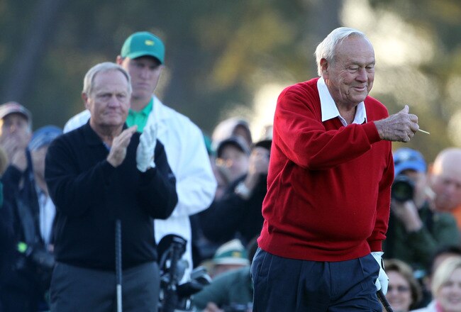 AUGUSTA, GA - APRIL 07:  Arnold Palmer (R) and Jack Nicklaus wait on the first tee prior to starting the first round of the 2011 Masters Tournament at Augusta National Golf Club on April 7, 2011 in Augusta, Georgia.  (Photo by Jamie Squire/Getty Images)
