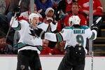 DETROIT, MI - OCTOBER 28:  Ryane Clowe #29 of the San Jose Sharks celebrates his second-period goal with teammate Martin Havlat #9 while playing the Detroit Red Wings at Joe Louis Arena on October 28, 2011 in Detroit, Michigan.  (Photo by Gregory Shamus/Getty Images)