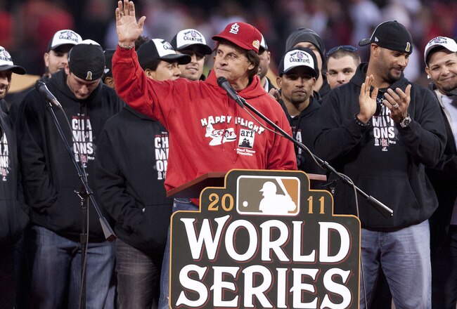 ST. LOUIS, MO - OCTOBER 30: Manager Tony LaRussa of the St. Louis Cardinals acknowledges the celebrating crowd inside Busch Stadium on October 30, 2011 in St Louis, Missouri. (Photo by Ed Szczepanski/Getty Images)